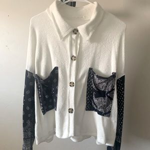 Bucket List Terrycloth Shacket, Navy Blue Paisley Sleeves